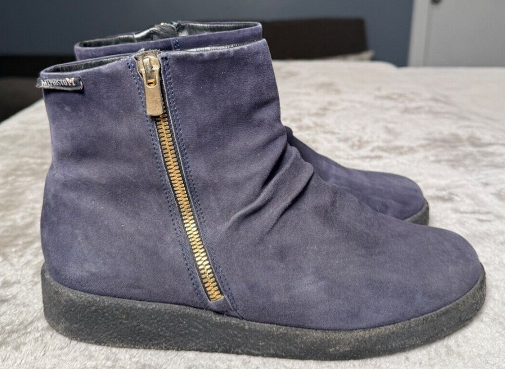 Mephisto Cassandra Navy Blue Suede Booties Ankle Boots Gold Zipper Womens 7.5